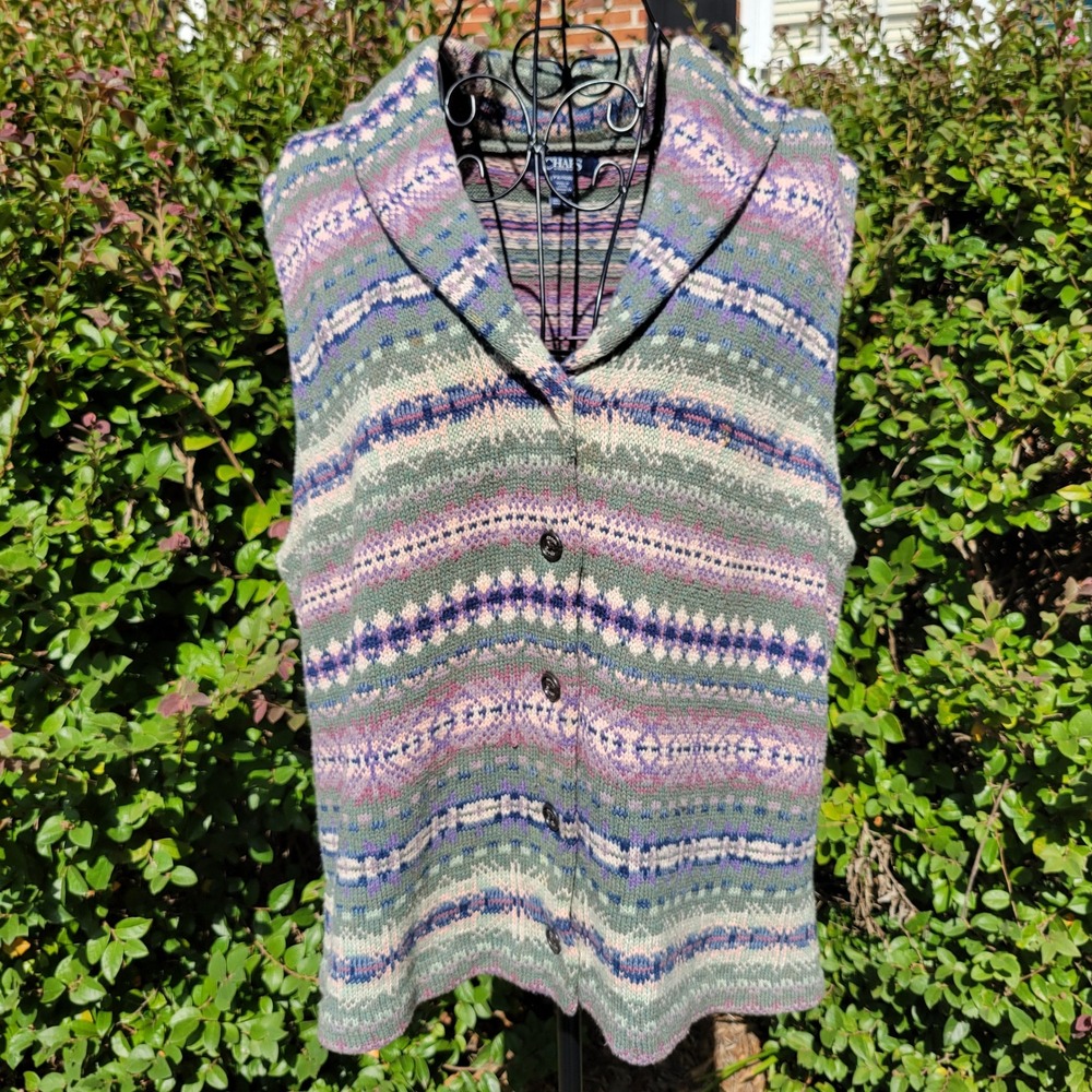 Chaps L Vest Fair Isle Shawl Collar Button Front Knit Sweater Nordic Winter Cozy